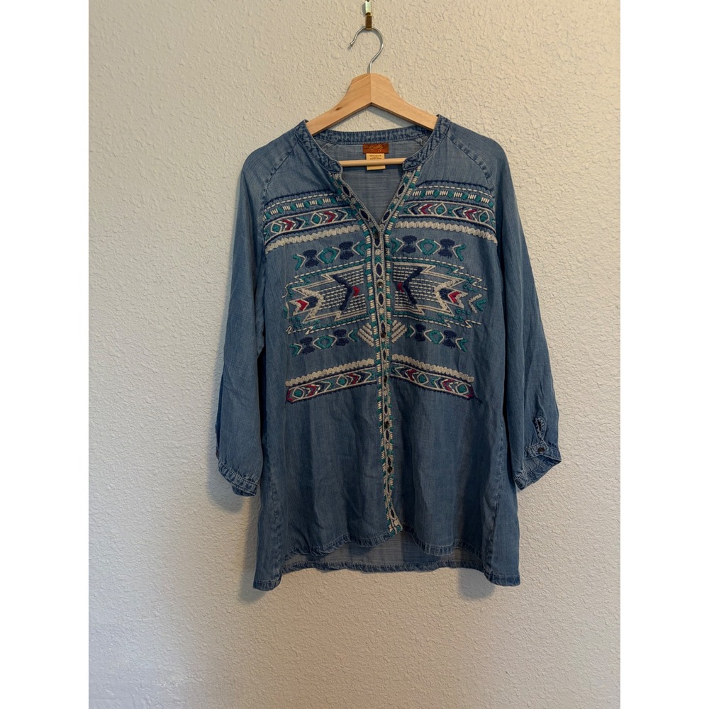 Scully Womens M1900-4119 Embroidered Tencel Denim Tunic Blue XL